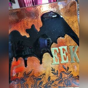 Halloween orange glass 10 × 10 square platter EEK with bat